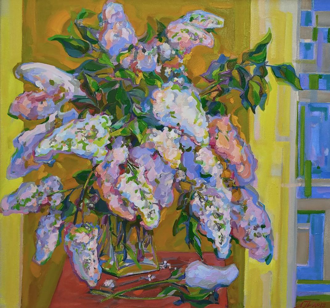 Oil painting of lilac bouquet by Leonid Pavlenko in glass vase