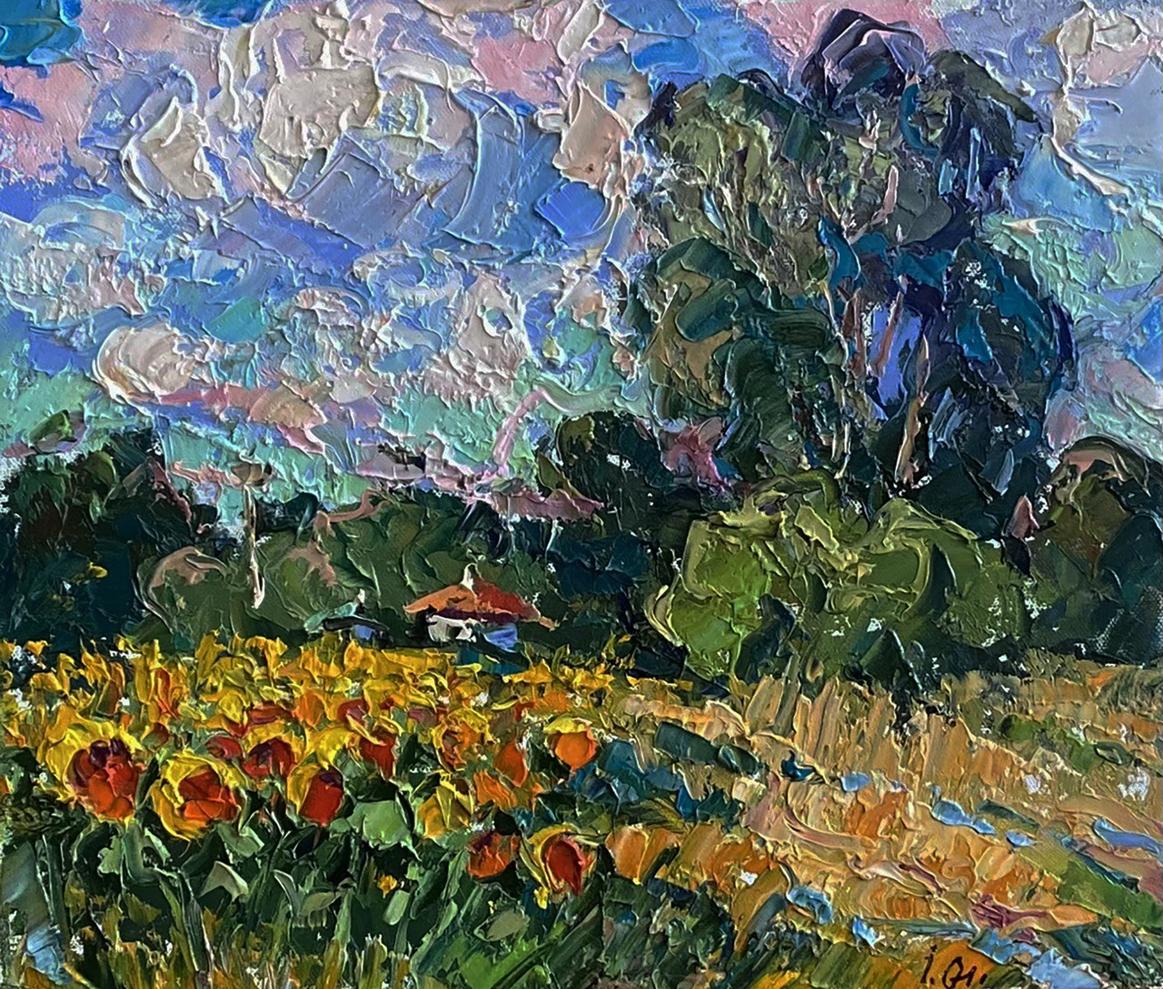Vibrant Oleksiy Ivanyuk oil painting of sunflower field under textured sky