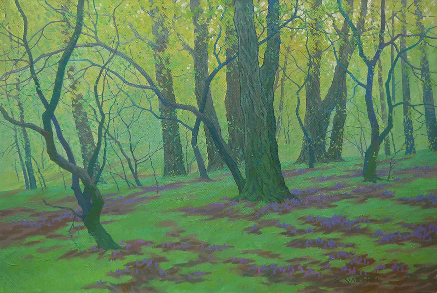 Oil painting Spring thickets by Valery Savenets: vibrant green forest with purple flowers