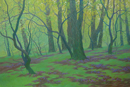 Oil painting Spring thickets by Valery Savenets: vibrant green forest with purple flowers