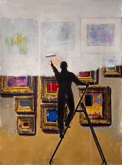 Silhouette reaching to paint over artwork on ladder in Juan Angel Gonzalez de la Calle museum dissolve acrylic painting