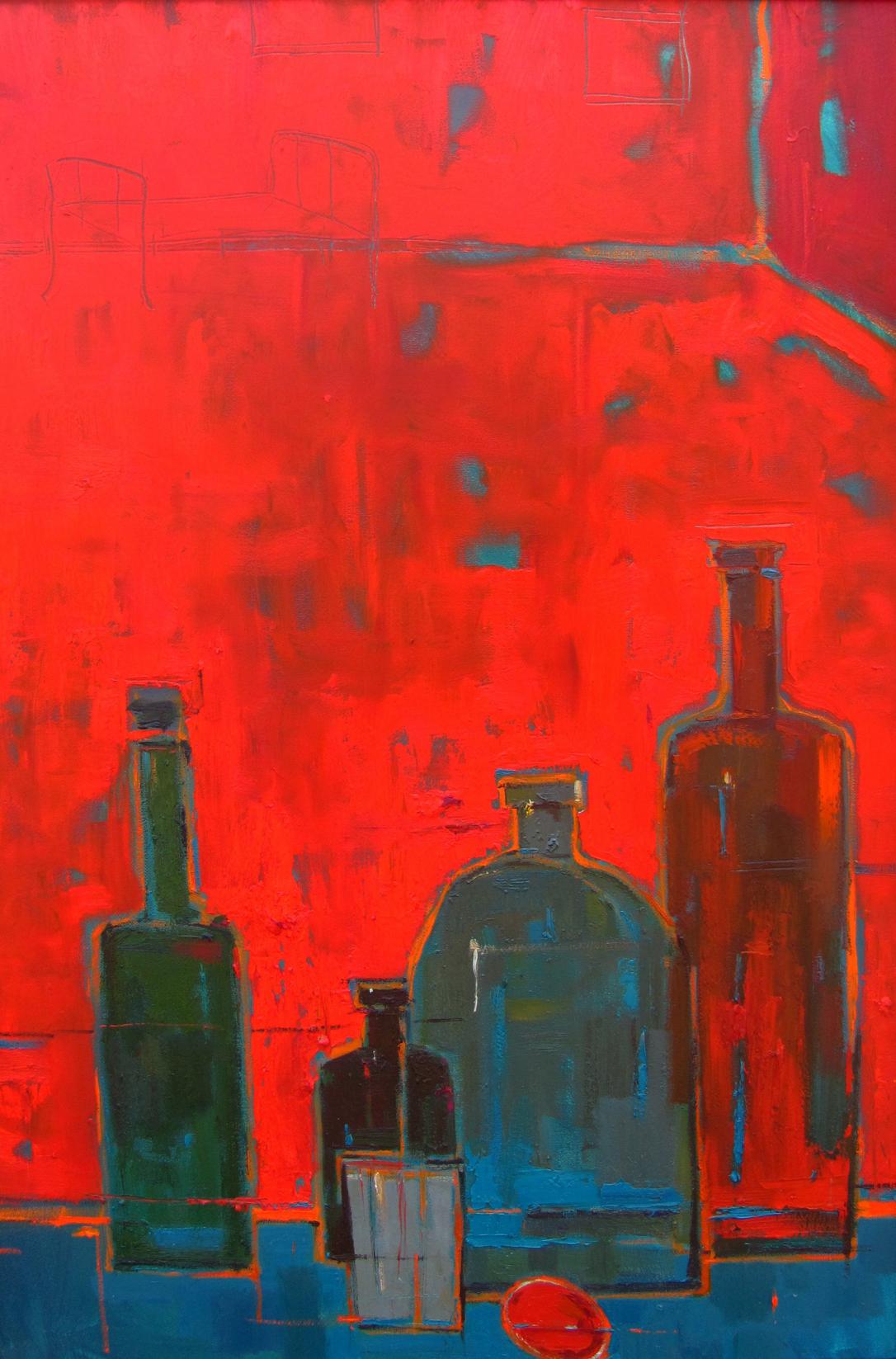Oil painting of green blue amber glass bottles on red background by Natalia Korf-Ivaniuk