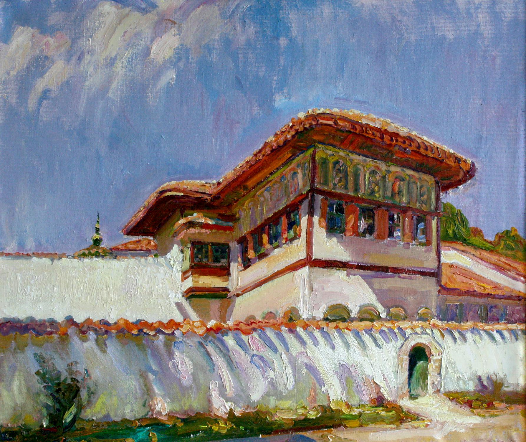 Oil painting of traditional Bhutanese palace by Leonid Pavlenko