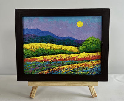 Oil painting At the foot of the mountains by V. Zadorozhnya in black frame
