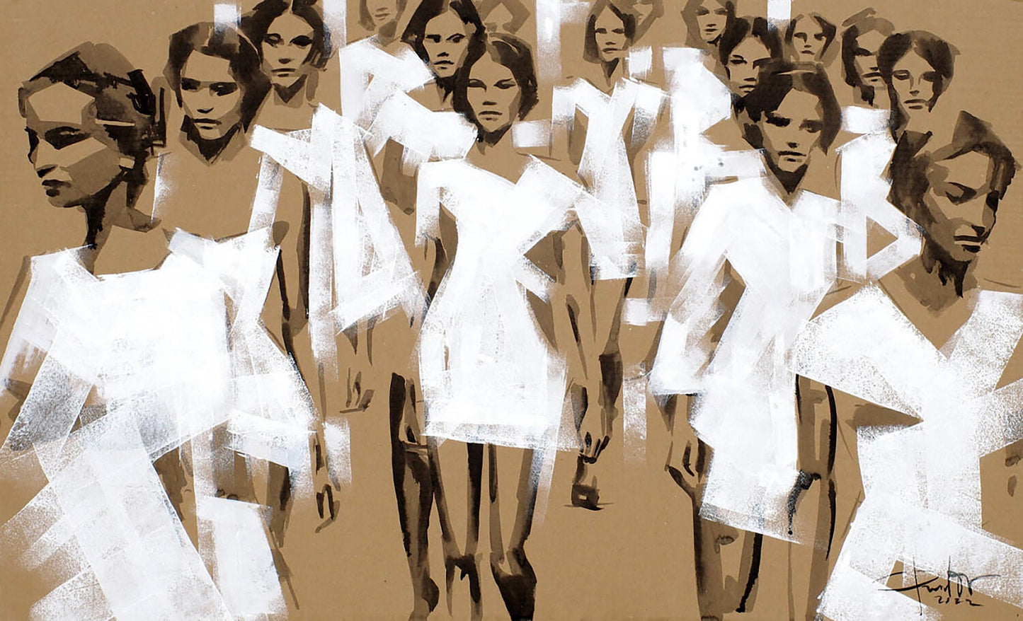Stylized acrylic painting Divergence by Dima Filatov: women in white dresses