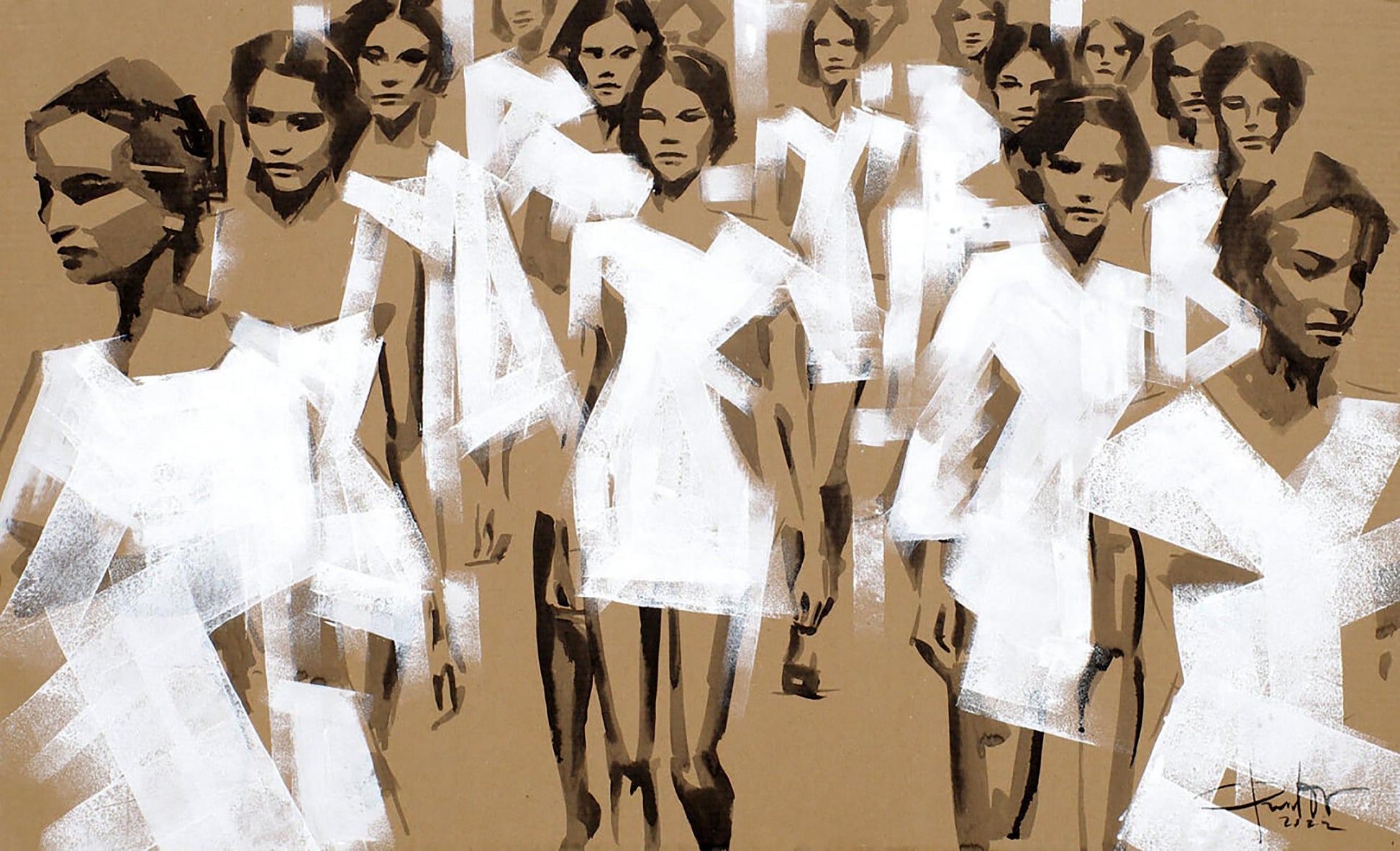 Stylized acrylic painting Divergence by Dima Filatov: women in white dresses