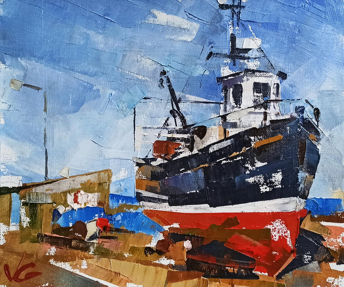 Oil painting Ship in port by Volodymyr Gluhomanyuk: bold blue red boat in harbor
