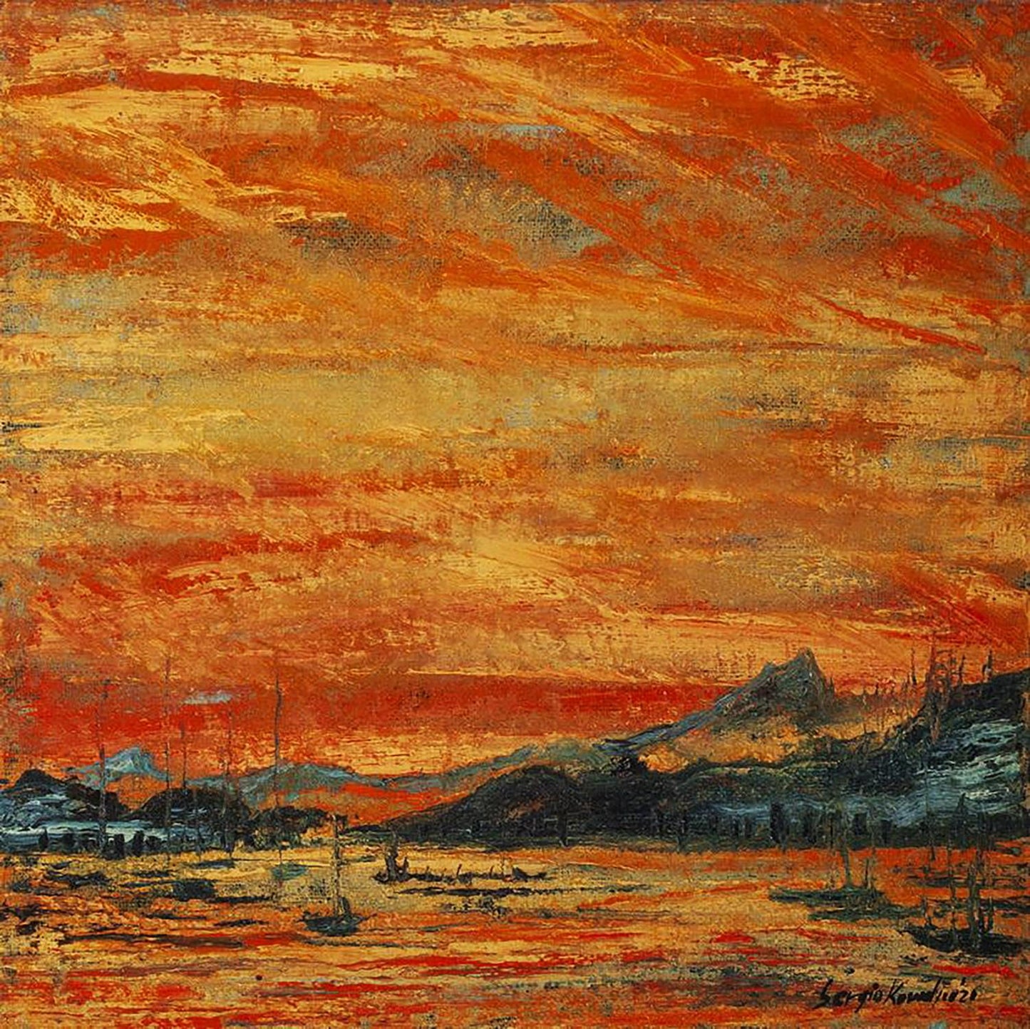 Oil painting Sea voyage by Serhiy Kovalev: vibrant orange red abstract shoreline