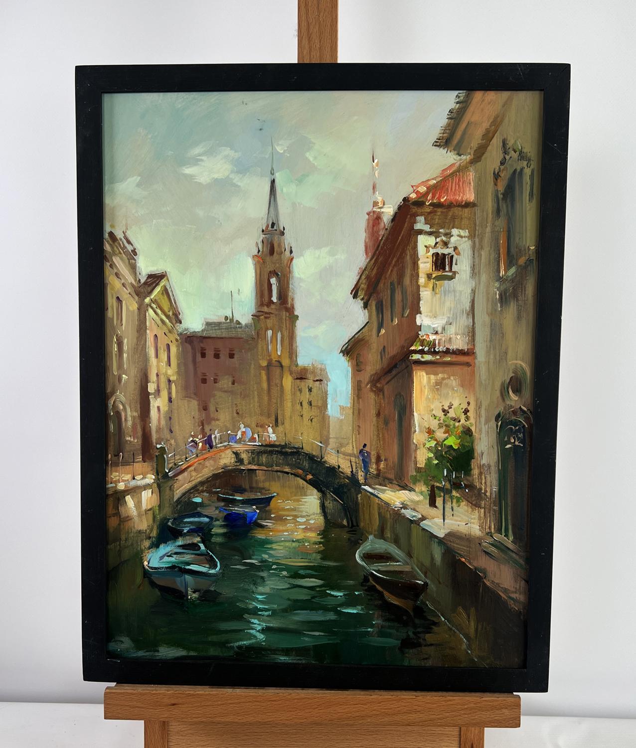 Framed oil painting of busy Venice canal streets by Yuriy Suprunchuk