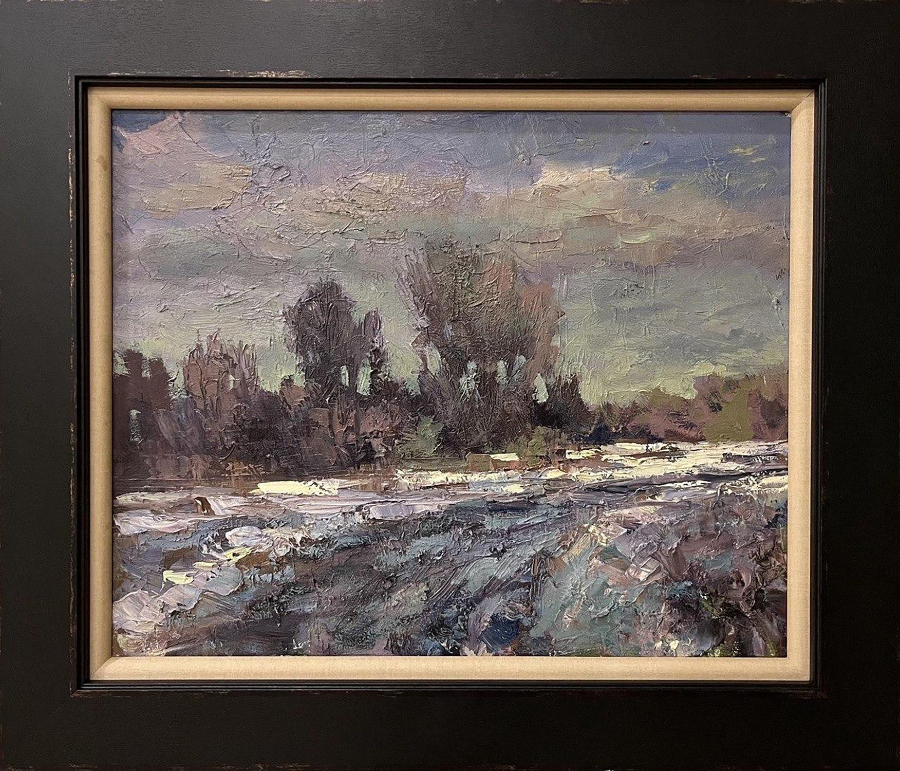 Oil painting Outside the Village by Volodymyr Pashchenko in cream frame