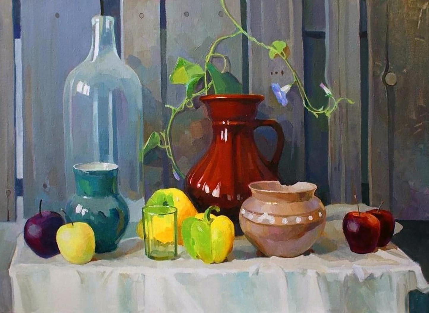 Oil painting still life with glossy red ceramic pitcher by Anastasia Yaroshevich