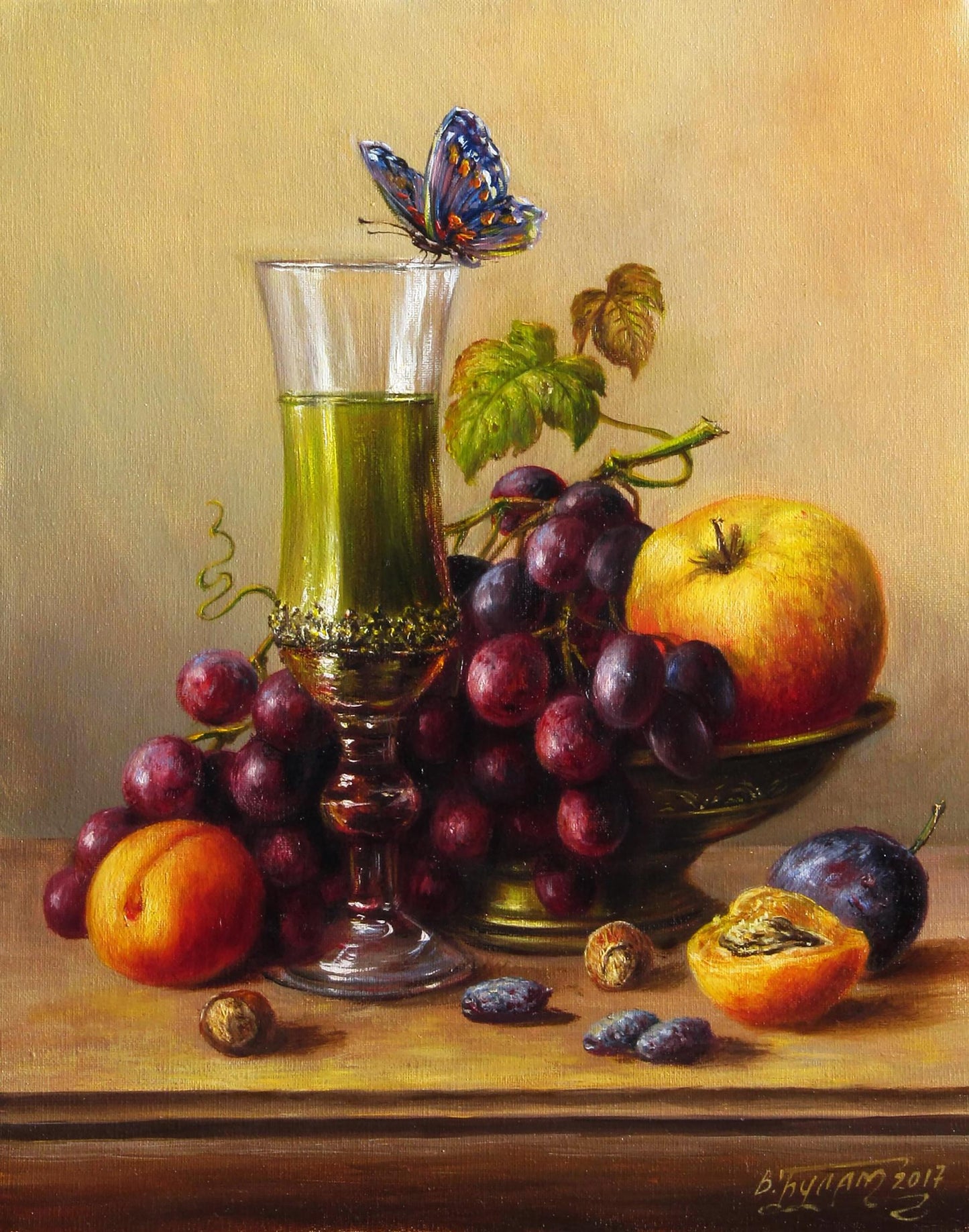 Oil painting The fleetingness of beauty by Valeriy Bulat: green liquid in gold-rimmed glass