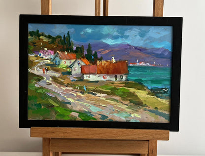 Oil painting Road to the Mountains by Yuriy Suprunchuk, coastal village scene