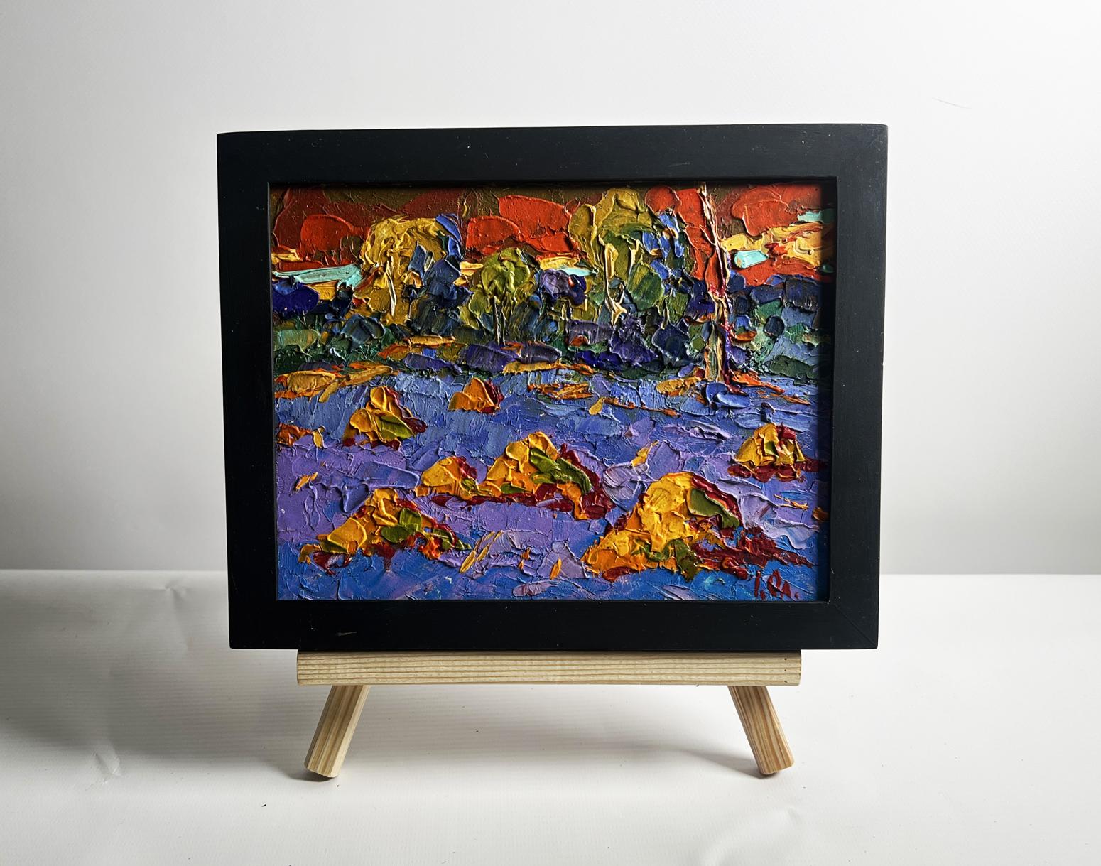 Oil painting Warm crimson evening by Oleksiy Ivanyuk in black frame
