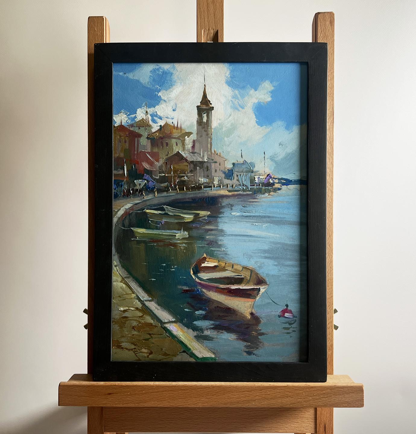 Framed impressionist oil painting of busy city port by Yuriy Suprunchuk