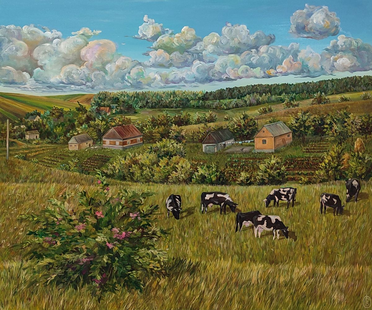 Oil painting Life in the village in summer by Oksana Sklym: cows grazing