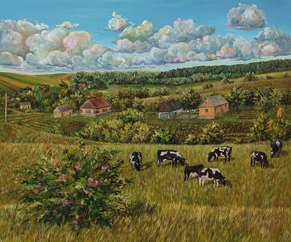 Oil painting Life in the village in summer by Oksana Sklym: cows grazing