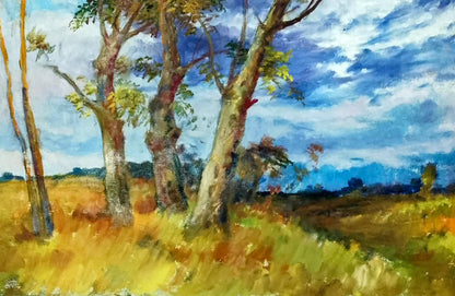 Vibrant impressionist oil painting by Vitaly Duhnevich with tall textured trees in golden field under dynamic blue sky