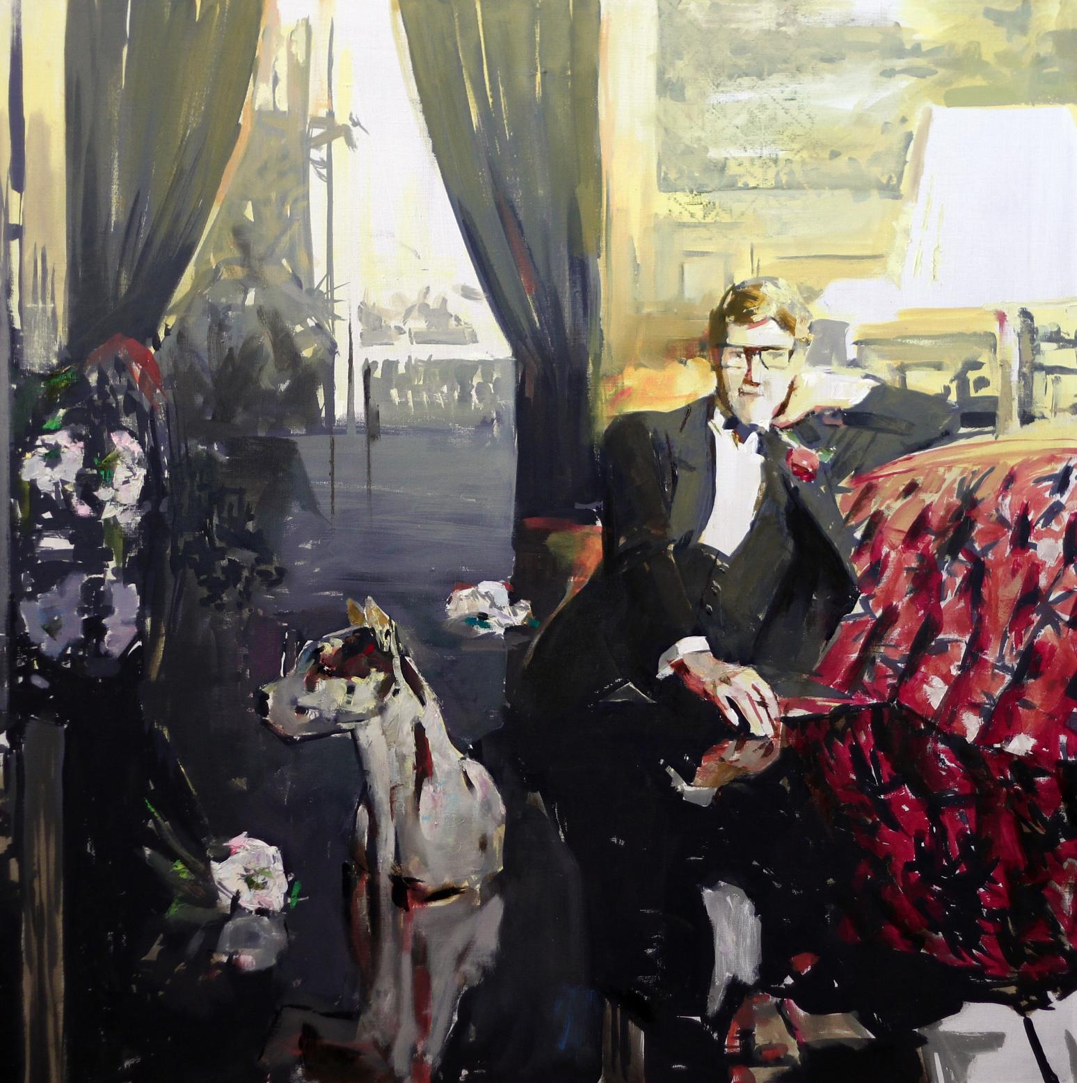 Oil painting by LORAN Ed Potapenkov: man in tuxedo on red couch