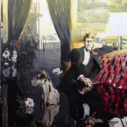 Oil painting by LORAN Ed Potapenkov: man in tuxedo on red couch