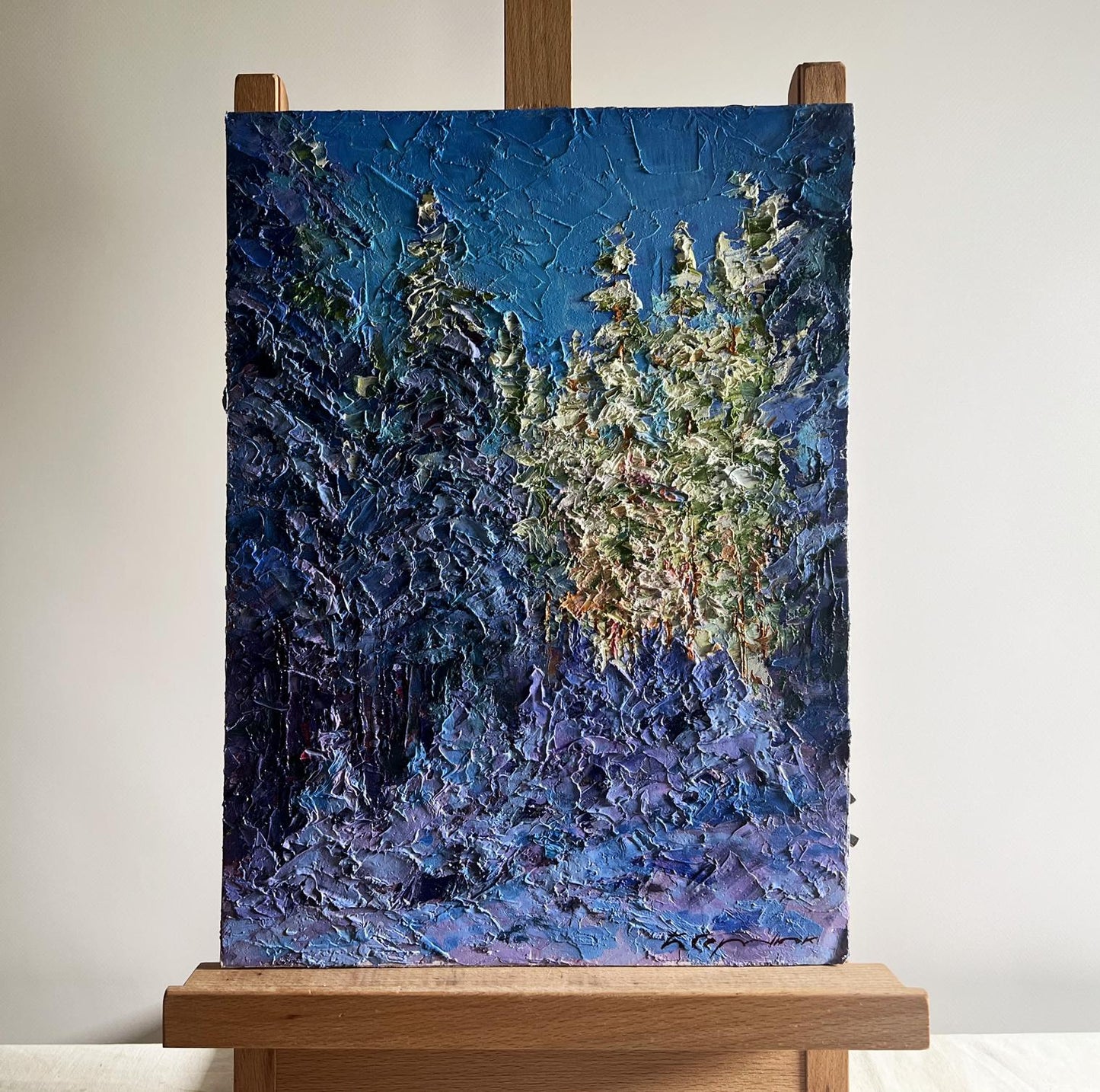 Oil painting Winter in the forest by Boris Serdyuk, textured blues and purples