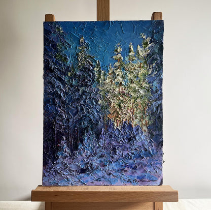 Oil painting Winter in the forest by Boris Serdyuk, textured blues and purples