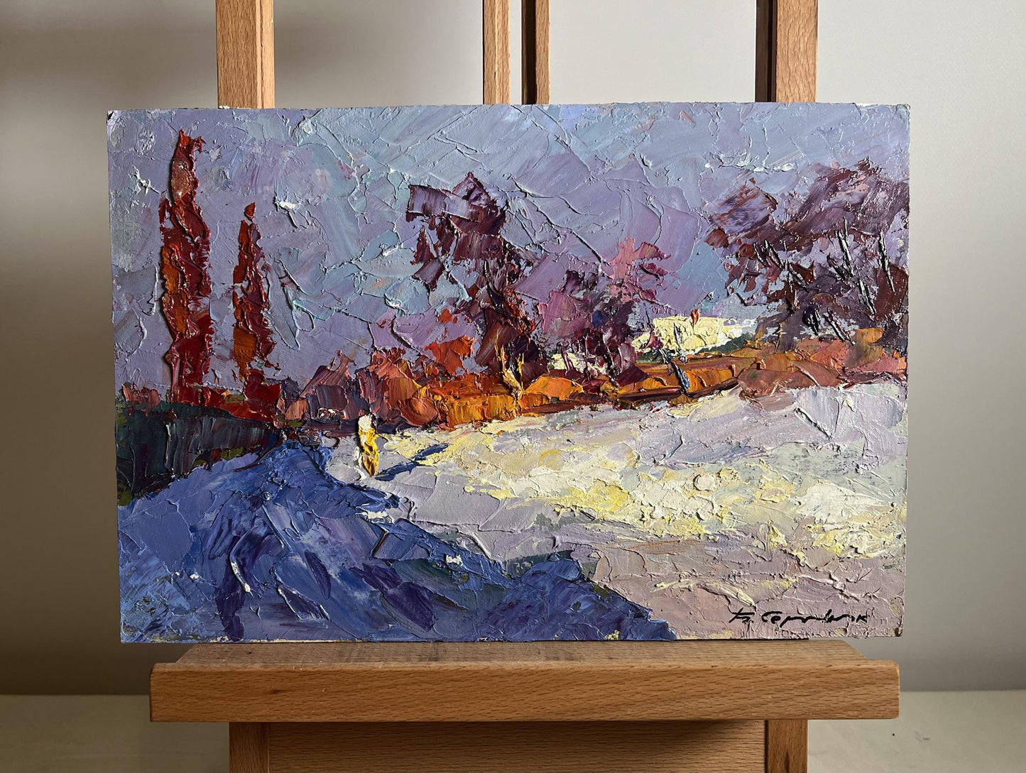 Oil painting Sunny day in winter by Boris Serdyuk, purple orange blue strokes