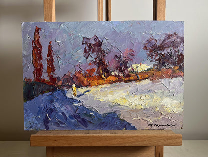 Oil painting Sunny day in winter by Boris Serdyuk, purple orange blue strokes
