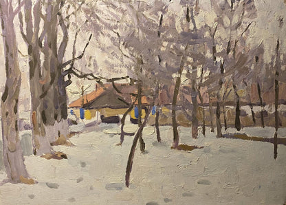 Oil painting Early Winter by Nikolai Fedorovich Bortnikov snowy forest scene