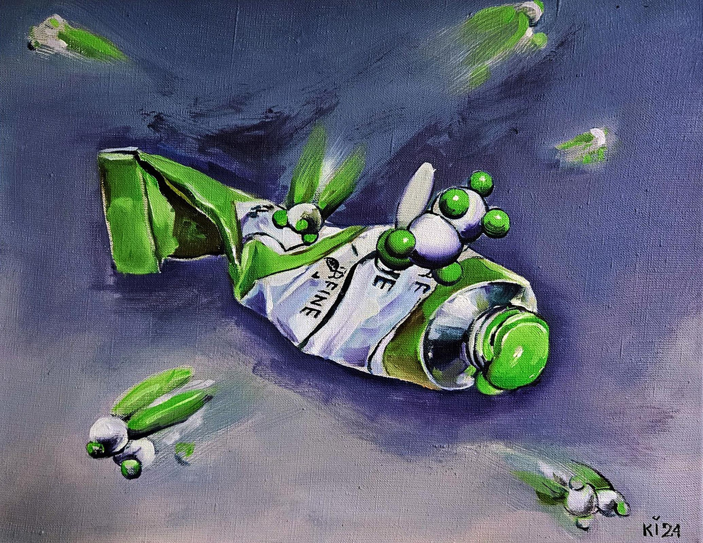 Oil painting of Igor Konovalovs green and white toothpaste tube with metallic cap