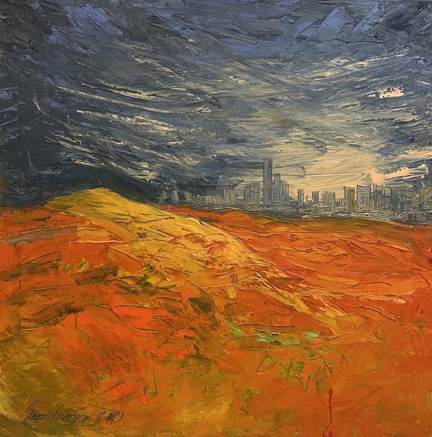 Oil painting Cidade Deserta by Serhiy Kovalev: dramatic sky over orange landscape