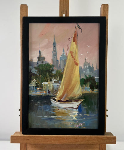 Oil painting The city is silent the boat is sailing by Yuriy Suprunchuk in black frame
