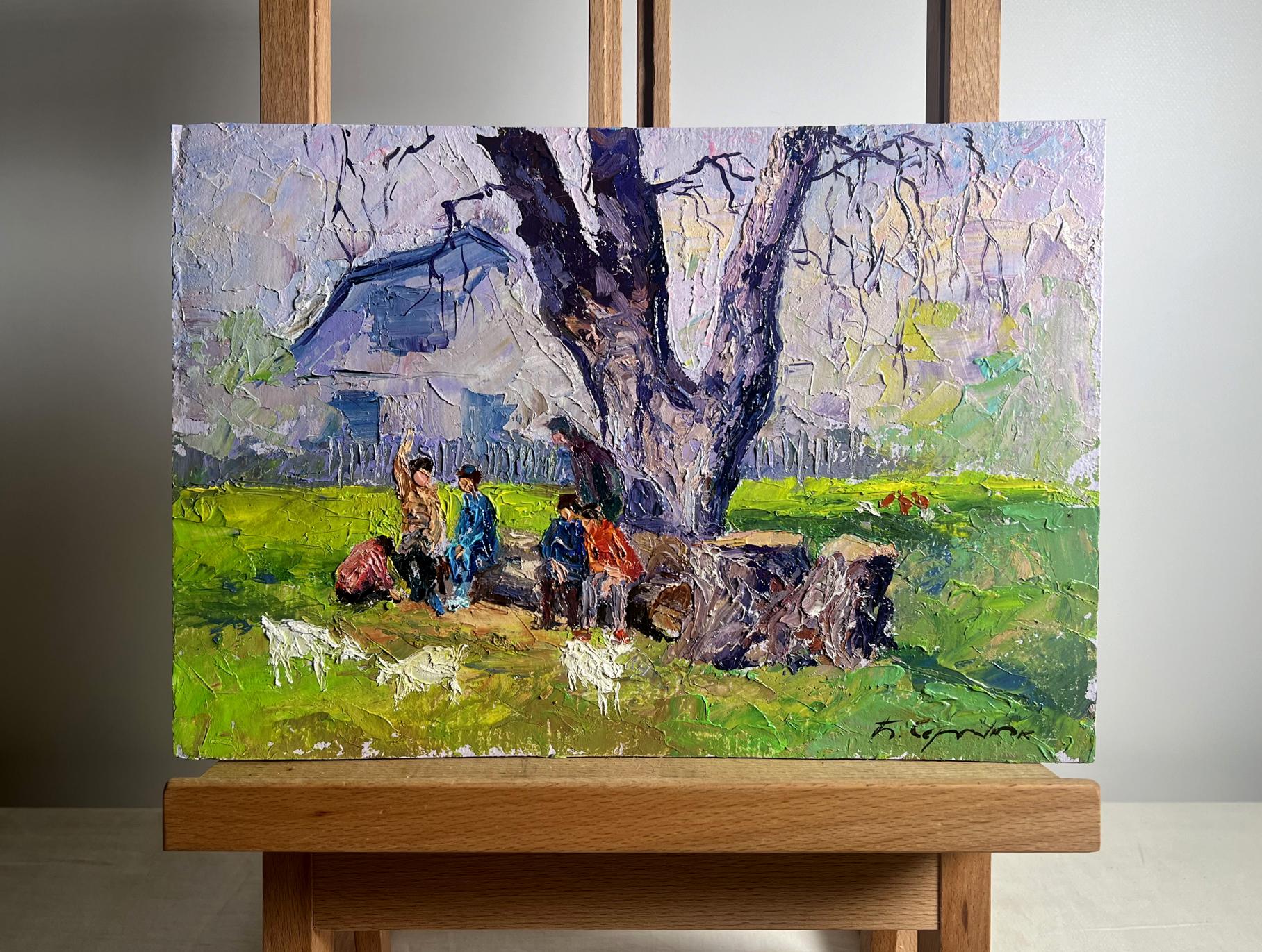 Oil painting May Day in the Village by Boris Serdyuk, rural kids and goats under tree
