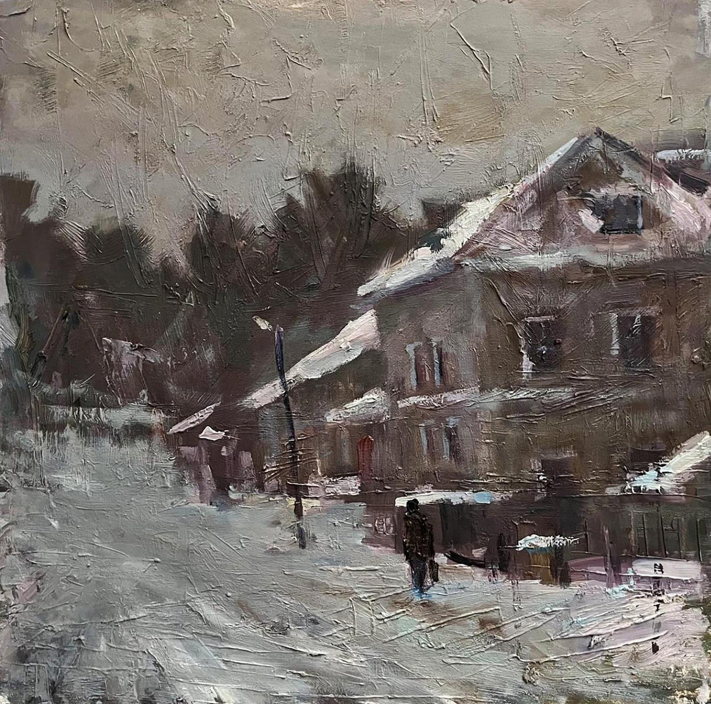 Textured impressionistic oil painting of snowy village street by Volodymyr Pashchenko