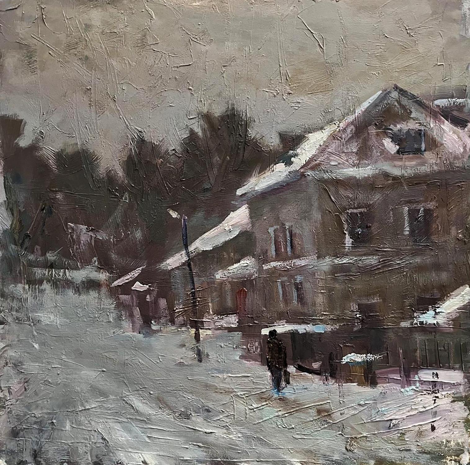 Textured impressionistic oil painting of snowy village street by Volodymyr Pashchenko