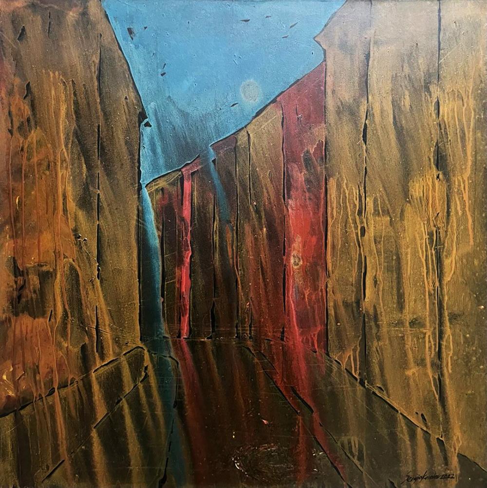Oil painting Movement by Serhiy Kovalev: abstract earthy browns, red streaks, blue sky