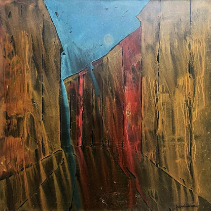 Oil painting Movement by Serhiy Kovalev: abstract earthy browns, red streaks, blue sky