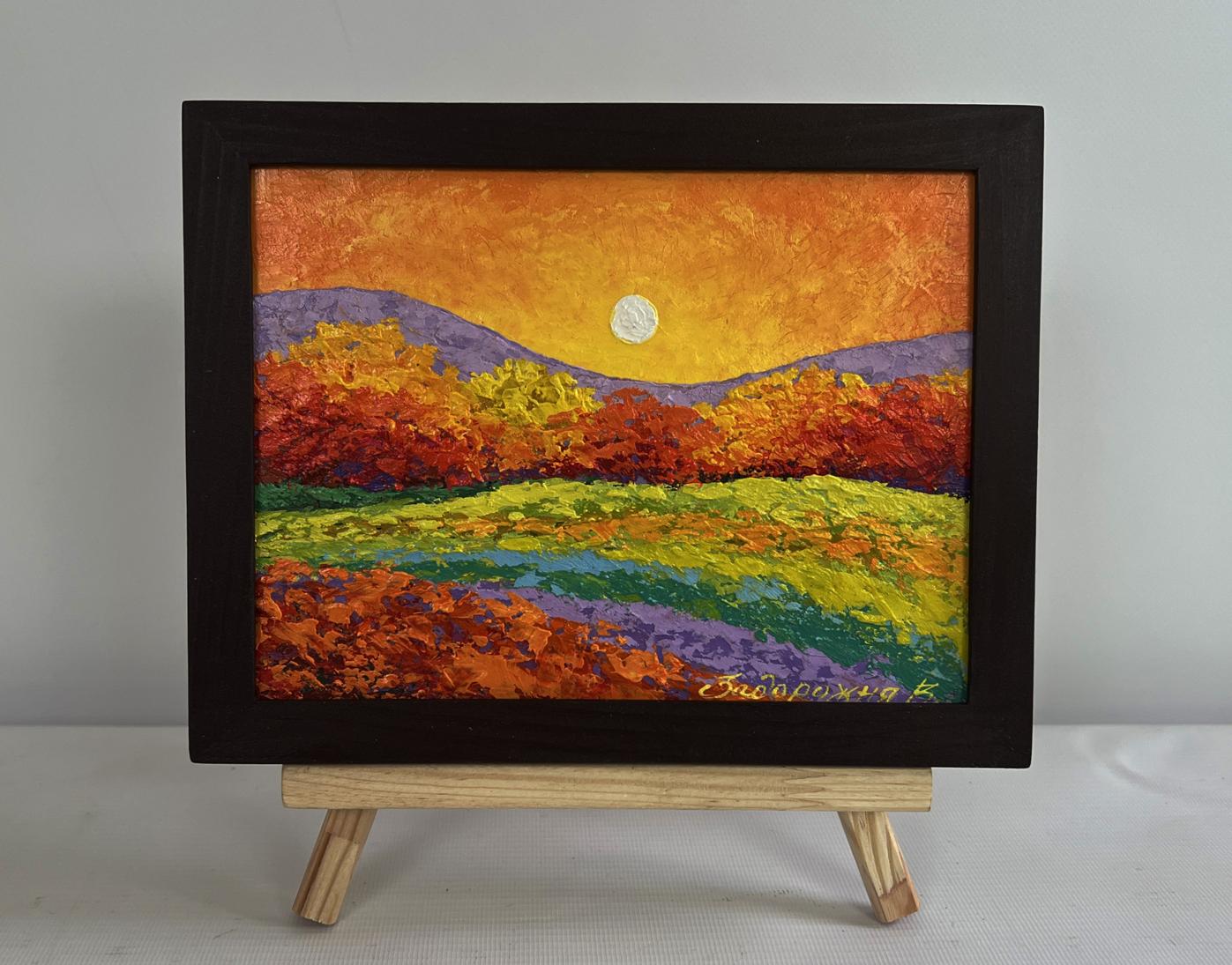 Oil painting Farewell light behind the mountains by V. Zadorozhnya in black frame
