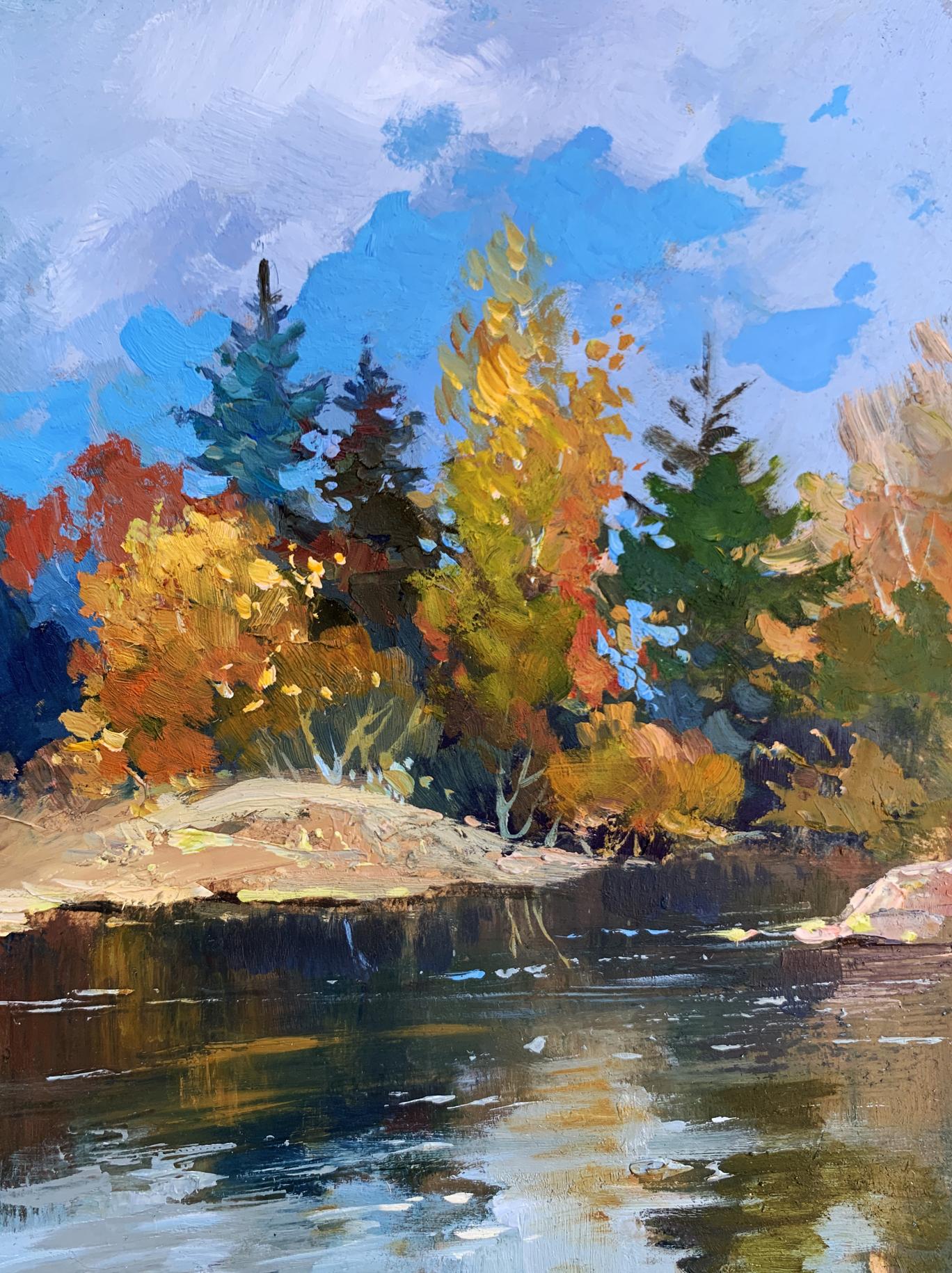 Oil painting Here comes autumn by Yuriy Suprunchuk: vibrant fall forest reflected in water