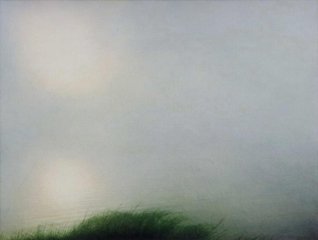 Misty oil painting of fog on river by Vasily Korkishko with glowing orbs