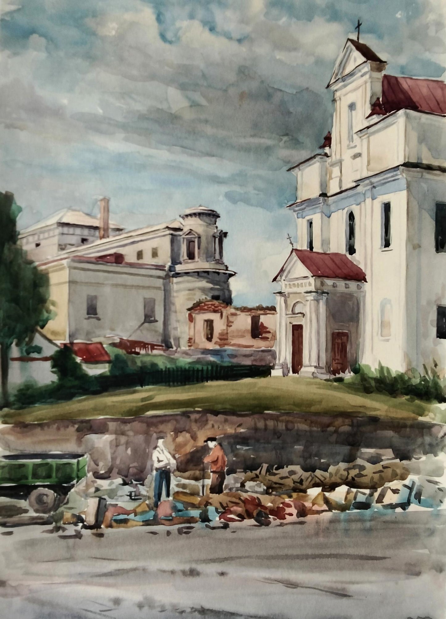 Watercolor painting of white stone church with red roof by Vitaly Duhnevich