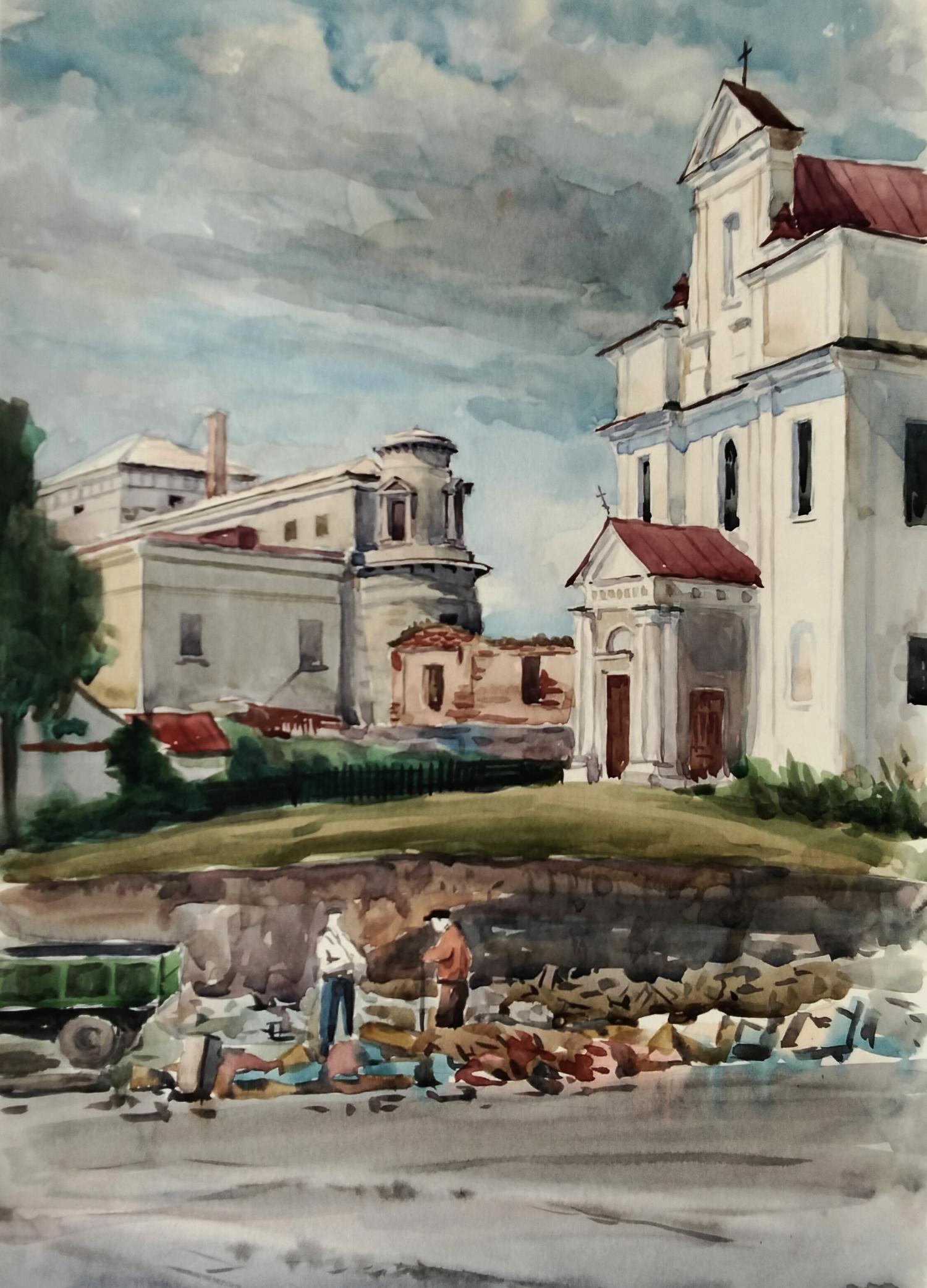 Watercolor painting of white stone church with red roof by Vitaly Duhnevich