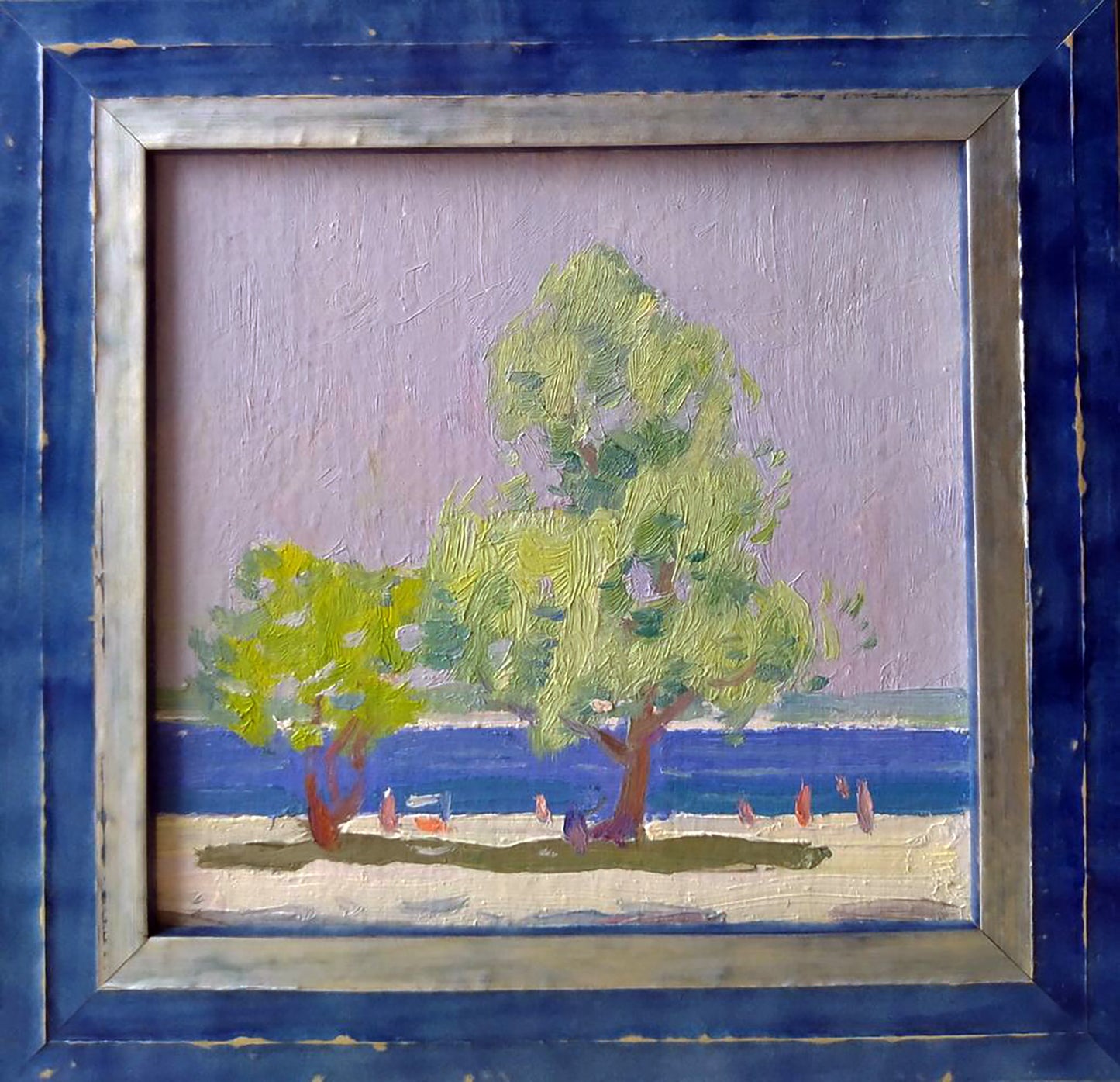 Oil painting Sea shore by Yury Konovalov in distressed blue frame