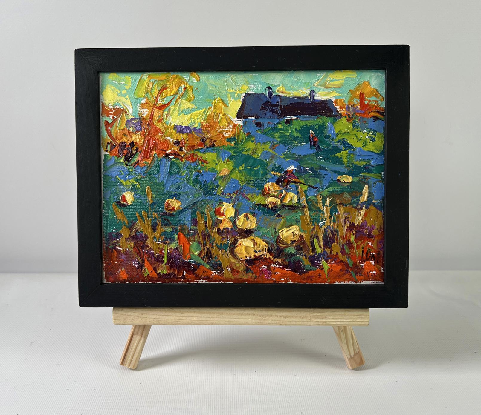 Oil painting Work in the Garden by Oleksiy Ivanyuk in black frame