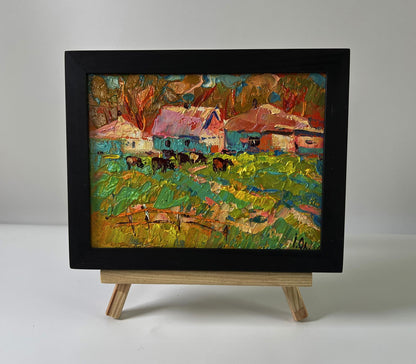 Vibrant impressionist oil painting by Oleksiy Ivanyuk: cows on a walk in colorful rural scene, black frame