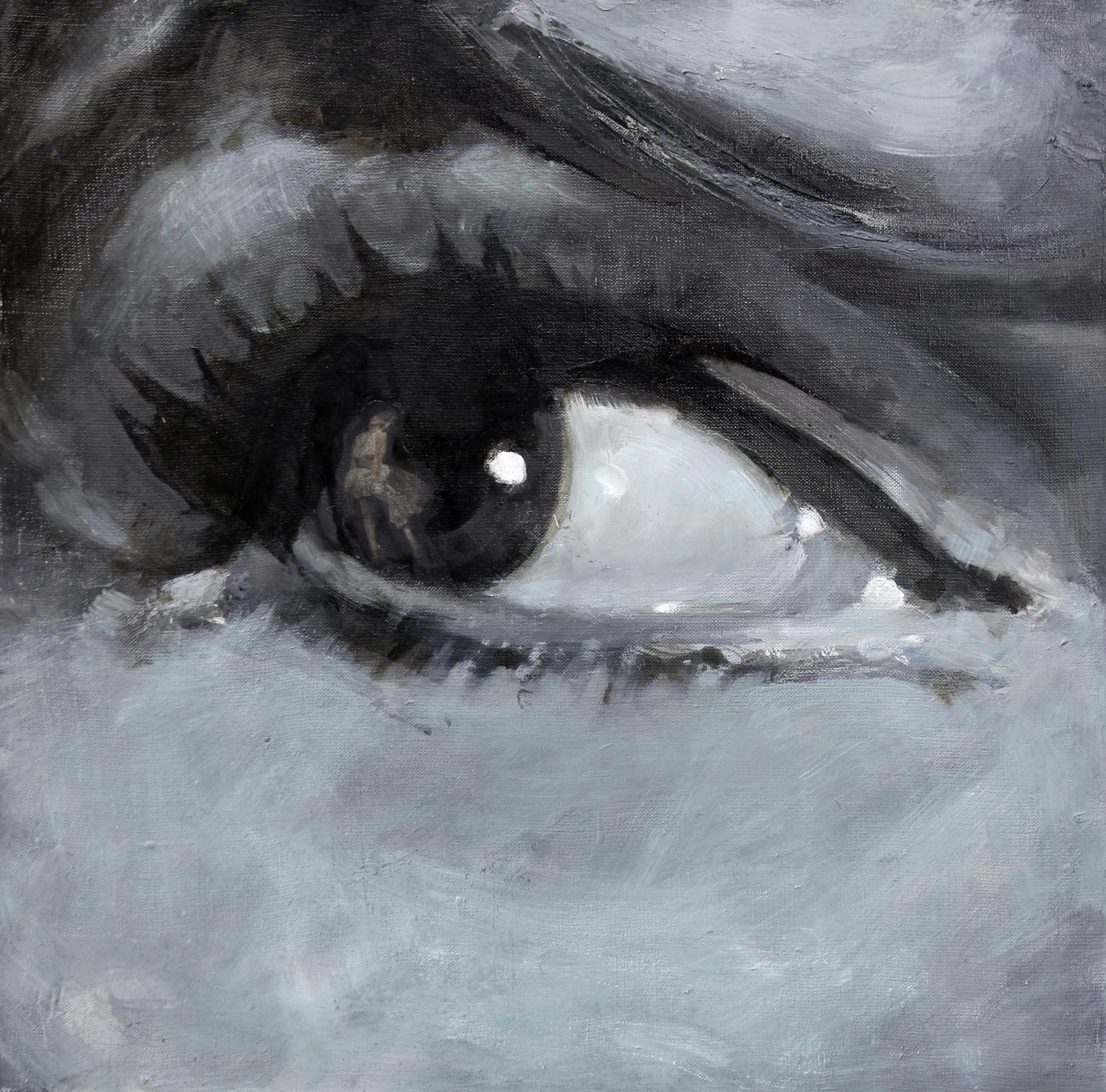 Close-up monochromatic oil painting of human eye by Marlin Ed Potapenkov