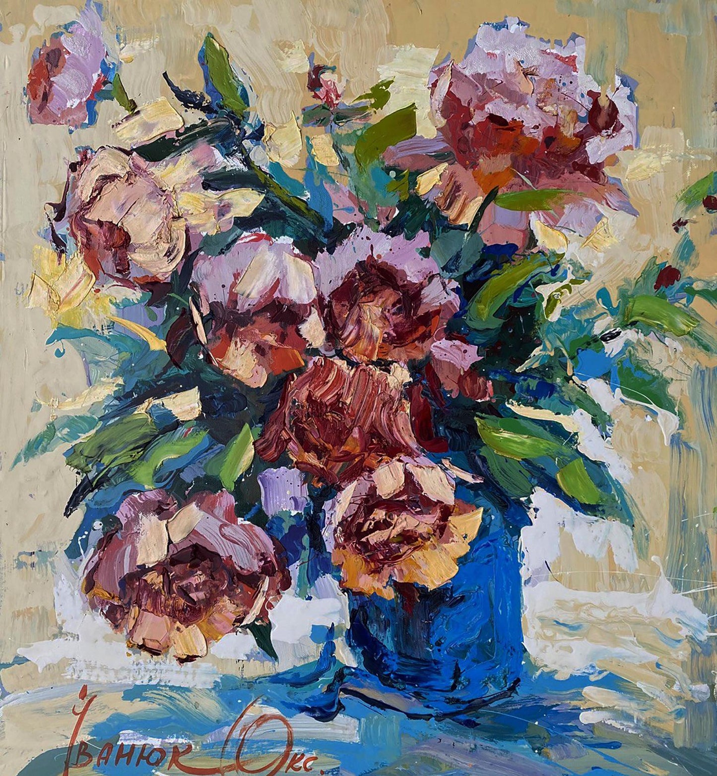 Oil painting of vibrant blue vase with pink mauve peonies by Oksana Ivanyuk
