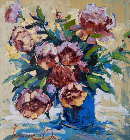 Oil painting of vibrant blue vase with pink mauve peonies by Oksana Ivanyuk