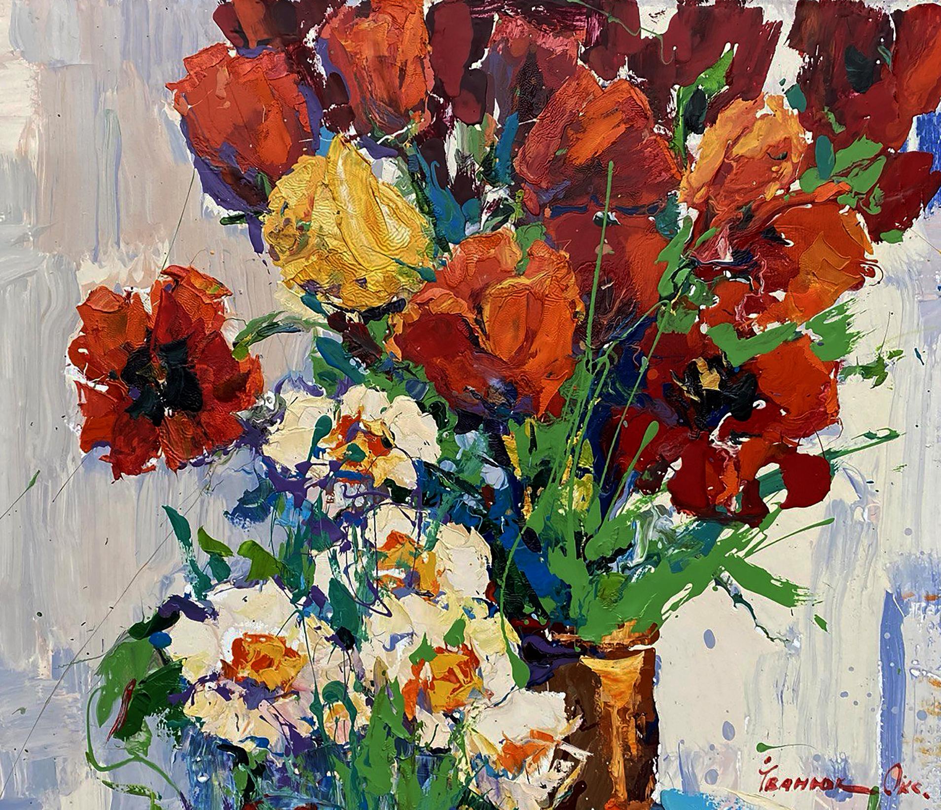 Vibrant impressionist oil painting of red tulips bouquet in brown vase by Oksana Ivanyuk