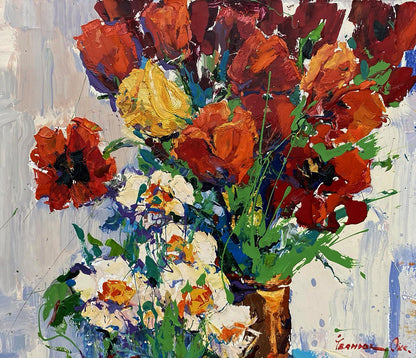 Vibrant impressionist oil painting of red tulips bouquet in brown vase by Oksana Ivanyuk